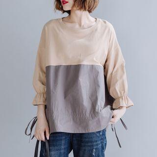 3/4-sleeve Paneled Top Khaki - One Size