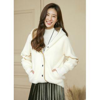 Hooded Contrast-trim Fluffy Cardigan