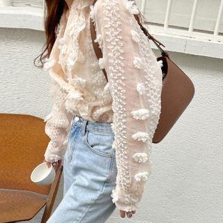 V-neck Flower Accent Blouse White - One Size