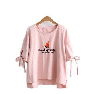 Elbow-sleeve Embroidery Dip-back T-shirt