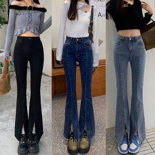 High Waist Slit-hem Washed Flared Jeans