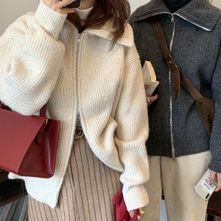 Stand Collar Zip Melange Rib Knit Cardigan