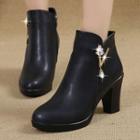 Faux Leather Rhinestone Chunky-heel Ankle Boots