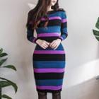 Long-sleeve Stripe Knit Sheath Dress Stripe - Multicolor - One Size