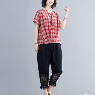 Set: Short-sleeve Plaid T-shirt + Lace Panel Harem Pants