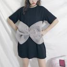 Short-sleeve Bow Accent Mini T-shirt Dress Black - One Size