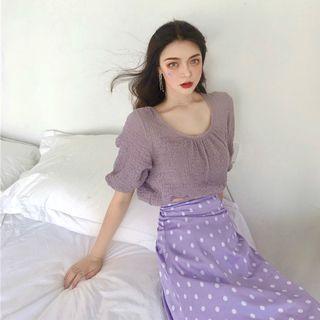 Plain Short-sleeve Top / Dot Midi Skirt