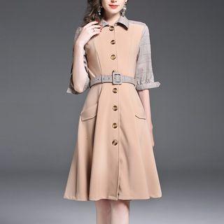 Stand-collar Elbow-sleeve Gingham A-line Panel Slim Dress