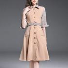 Stand-collar Elbow-sleeve Gingham A-line Panel Slim Dress