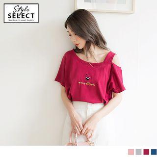 Cat Embroidered Cutout-shoulder Short-sleeve Top