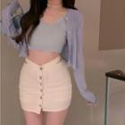 Plain Cardigan / Crop Camisole Top / Mini Skirt