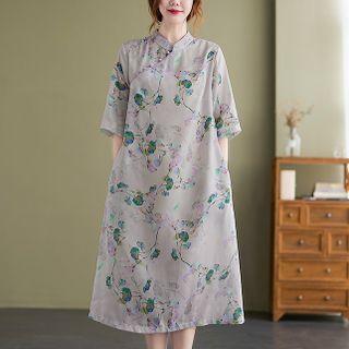 Elbow-sleeve Mandarin Collar Floral Print Midi Dress