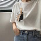 Short-sleeve Animal Embroidered T-shirt Animal Embroidery - White - One Size