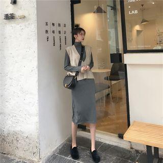 V-neck Sweater Vest/ Plain Turtleneck Long-sleeve Midi Shift Dress