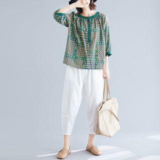 Set: 3/4-sleeve Patterned Blouse + Crop Harem Pants