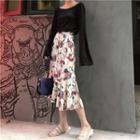 Long-sleeve T-shirt / Floral Print Midi Skirt