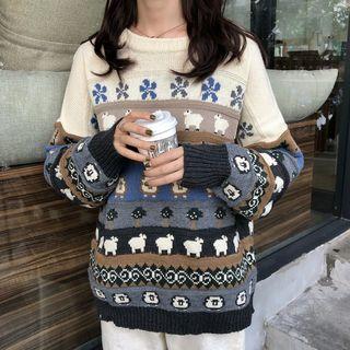 Crew Neck Patterned Sweater As Shown In Figure - One Size