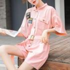 Elbow-sleeve Lettering Applique Buttoned Playsuit
