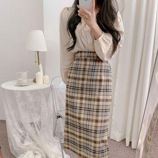 Plaid Midi Pencil Skirt / Long-sleeve Blouse