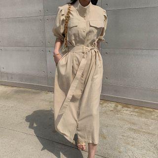 High-neck Belted Long Shirtdress
