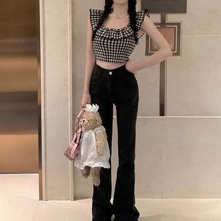 Sleeveless Open-back Gingham Top / High Waist Straight Leg Pants