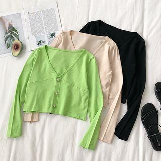 V-neck Plain Long-sleeve Crop Top
