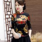 Printed 3/4-sleeve Qipao Top / Maxi A-line Skirt / Set