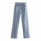 High-waist Checkerboard Print Straight Leg Jeans