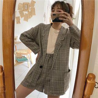 Set:plaid Long-sleeve Blazer + Shorts