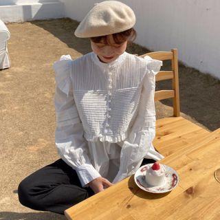 Smocked Ruffled Trim Long-sleeve Shirt White - One Size