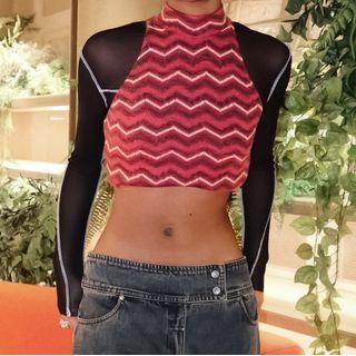 Long-sleeve Zigzag Print Mesh Panel Crop Top