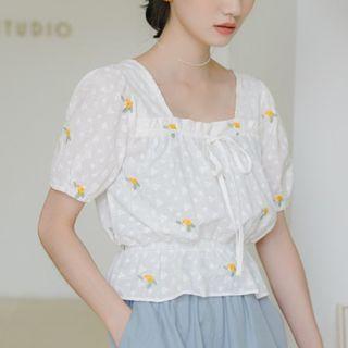 Short-sleeve Floral Embroidered Dotted Crop Top