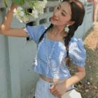 Lace Check Square-neck Short-sleeve Slim-fit Blouse As Figure - One Size