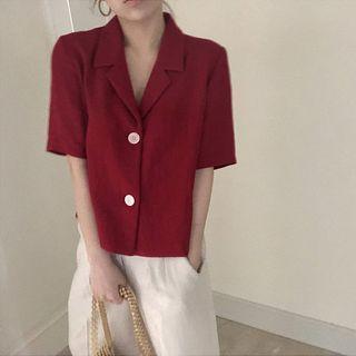 Collared Single Breasted Short-sleeve Top Red - One Size