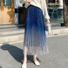 Pleated Glitter Mesh Midi A-line Skirt
