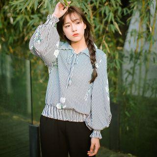 Puff-sleeve Pinstripe Floral Blouse
