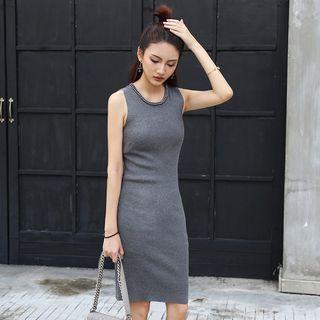 Sleeveless Beaded-neck Sheath Knit Dress