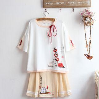Short-sleeve Cartoon Print T-shirt / Embroidered Mini A-line Skirt / Set