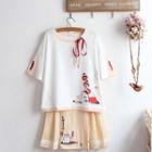 Short-sleeve Cartoon Print T-shirt / Embroidered Mini A-line Skirt / Set