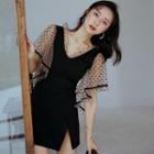 Flutter Sleeve V-neck Dotted Mesh Panel Slit Swimdress