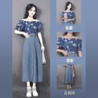 Set: Off-shoulder Floral Print Cropped Blouse + Midi A-line Denim Skirt