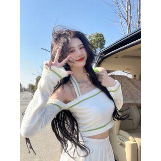 Cold-shoulder Knit Top Green Trim - White - One Size