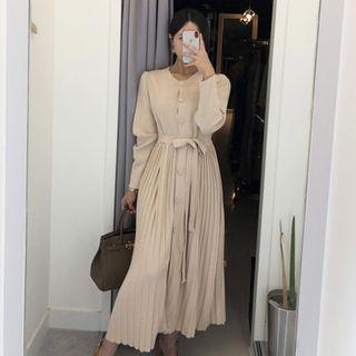 Long-sleeve Button-front Maxi A-line Pleated Knit Dress