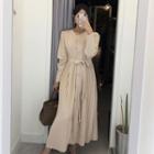 Long-sleeve Button-front Maxi A-line Pleated Knit Dress
