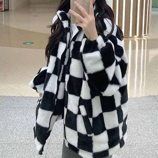 Check Zip-up Fleece Jacket Check - Black & White - One Size