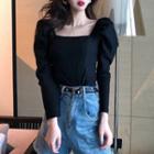 Square-neck Balloon-sleeve Blouse Black - One Size