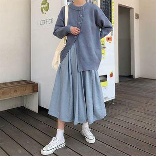 Asymmetric Cardigan / High-waist Pleated Skirt