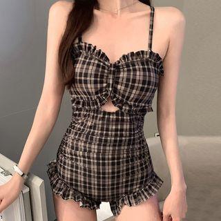 Spaghetti-strap Ruffled Plaid Swimsuit