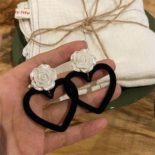 Rose Flocking Heart Dangle Earring 1 Pair - Black & White - One Size