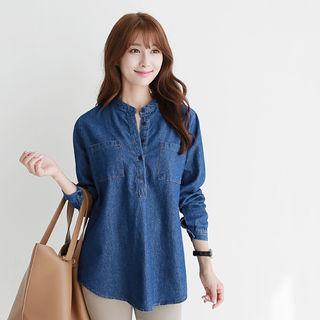 Half-placket Pocket-front Denim Shirt